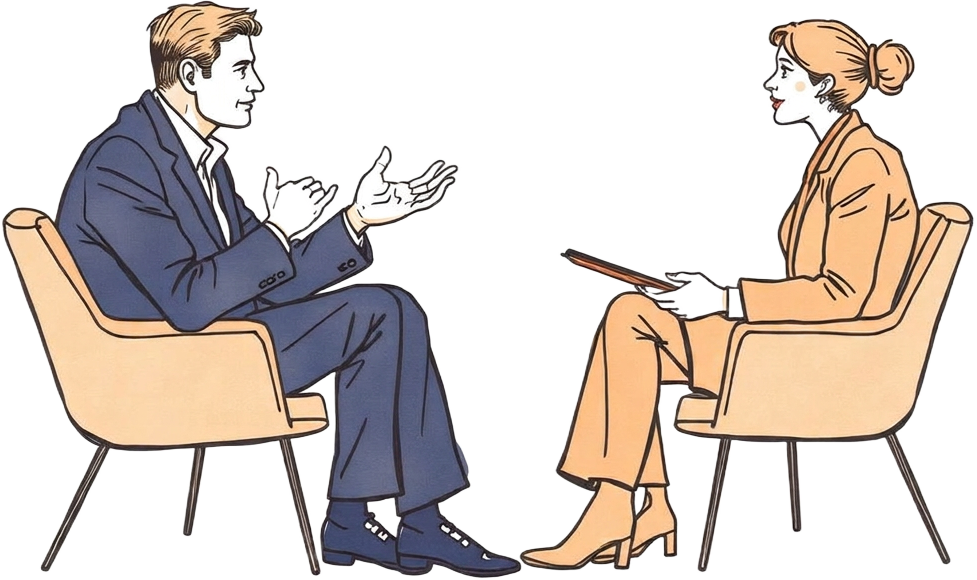 Sketch illustration of a senior coach in conversation