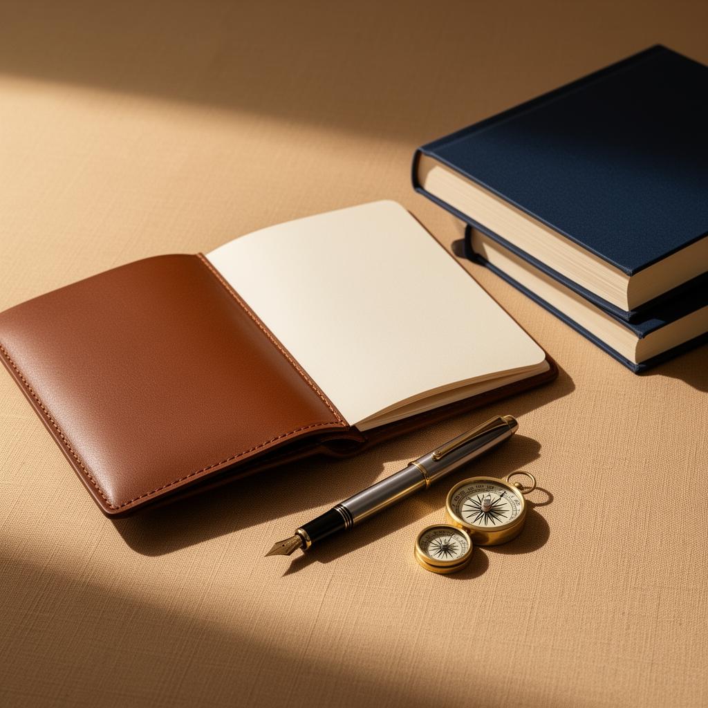 A coach's notebook, fountain pen, brass compass and reference books